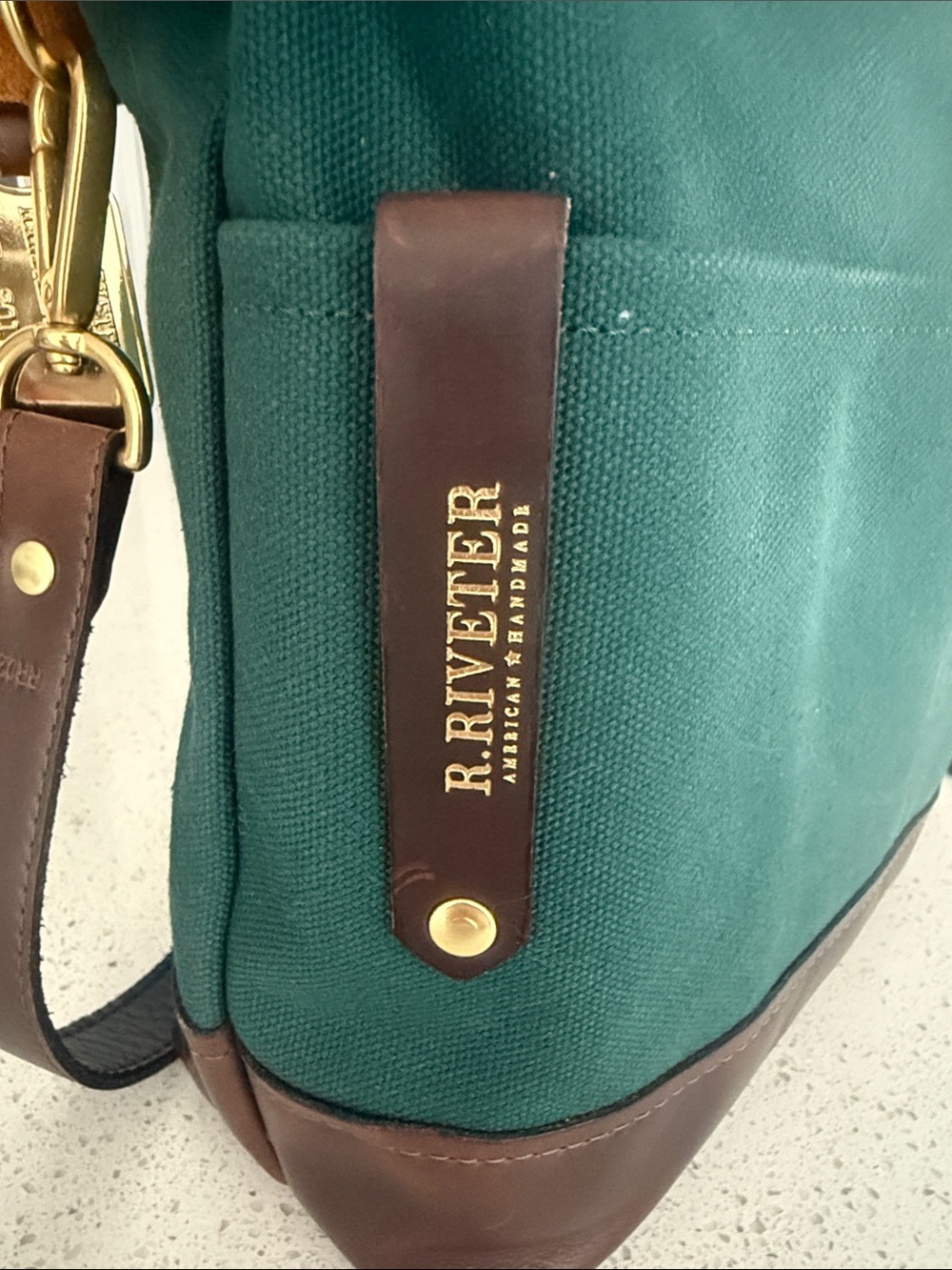 Teal Canvas Crossbody Tote with Brown Leather Trim - Picture 3 of 7